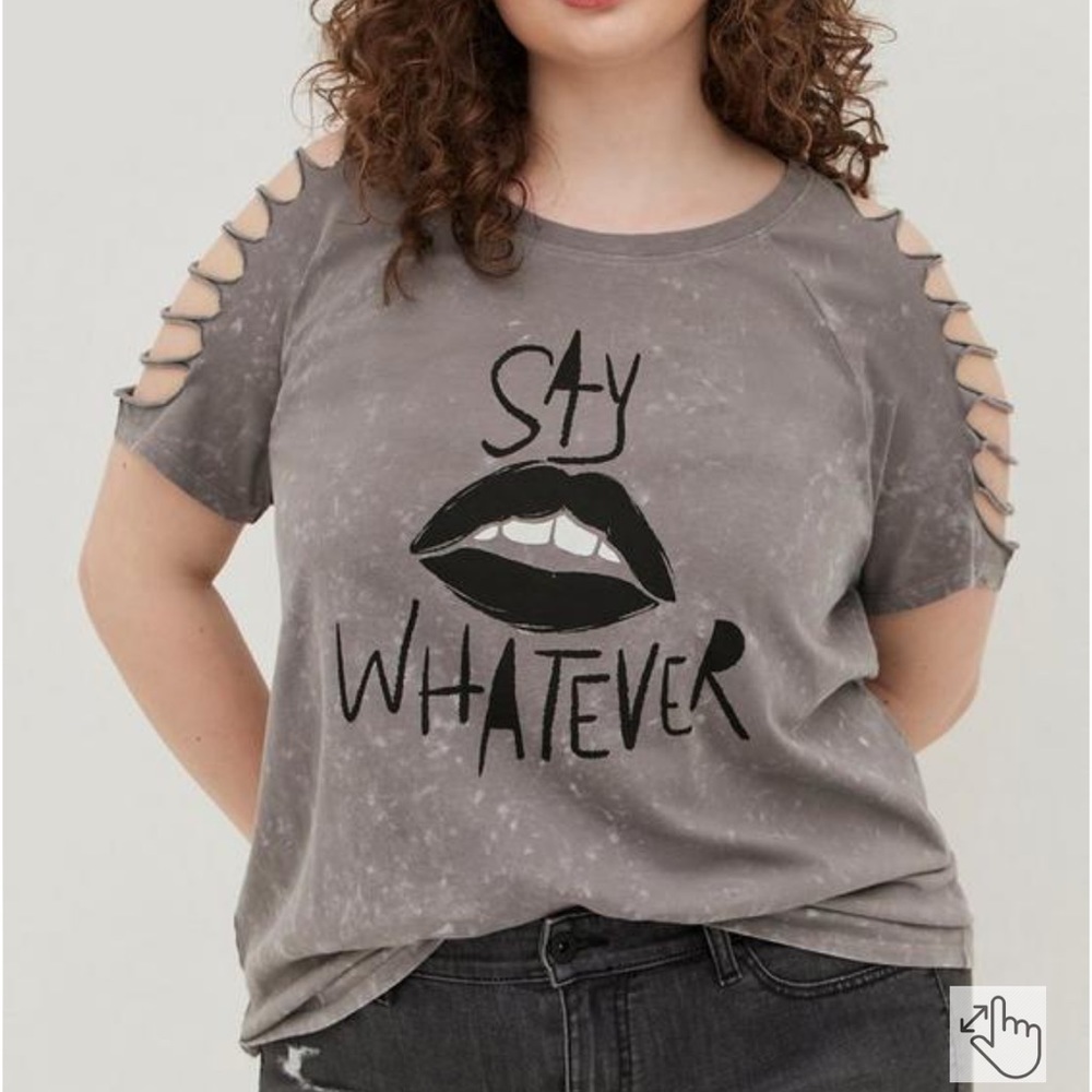 Torrid LoveSick Slashed Sleeve Tee - Cotton Grey Wash Say Whatever